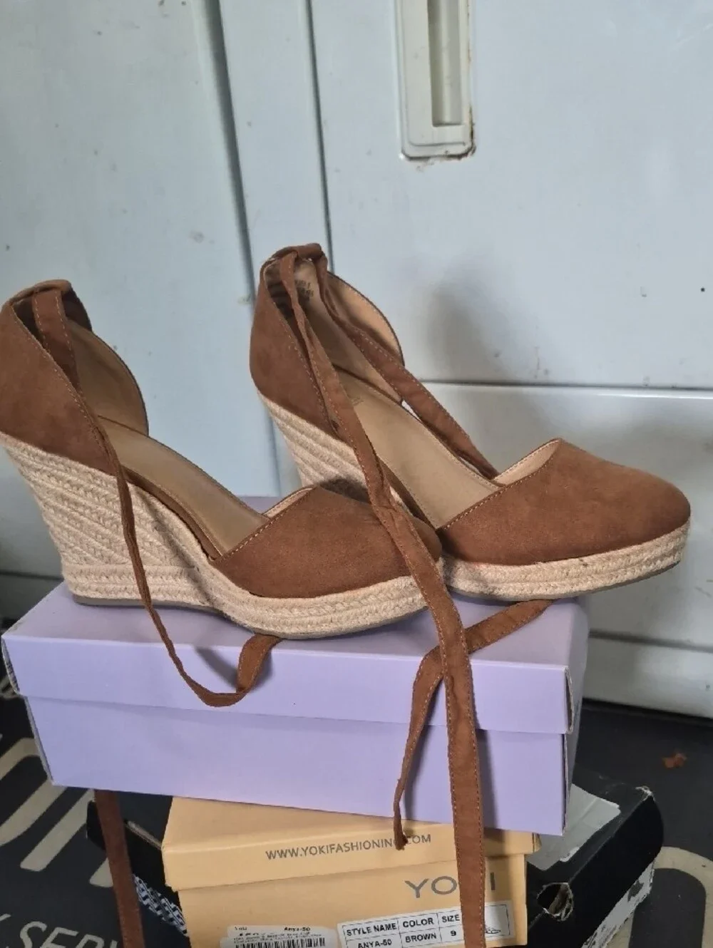 Brash Tan Suede Espadrille Wedge Sandals with Ankle Wrap